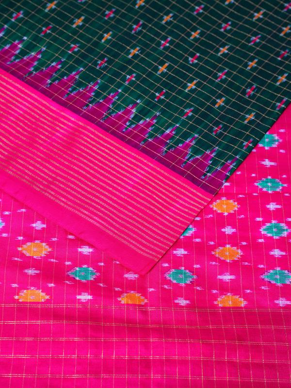 Handwoven green pink pochampally ikat silk saree
