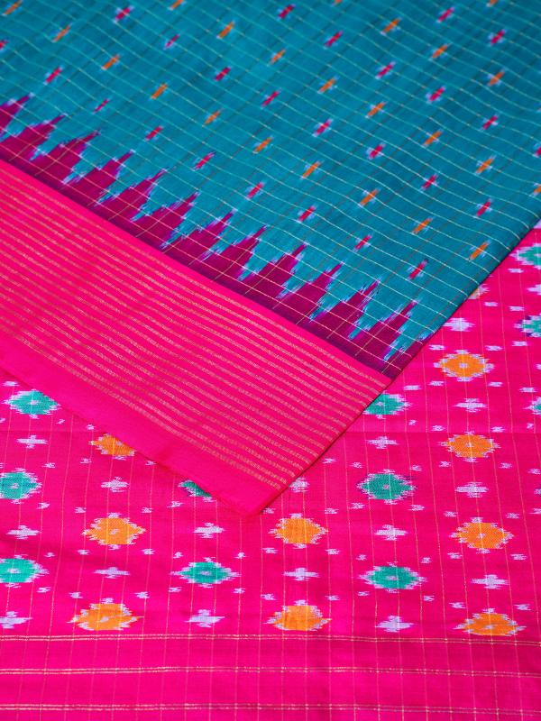 Pink sky blue handwoven pochampally ikat silk saree