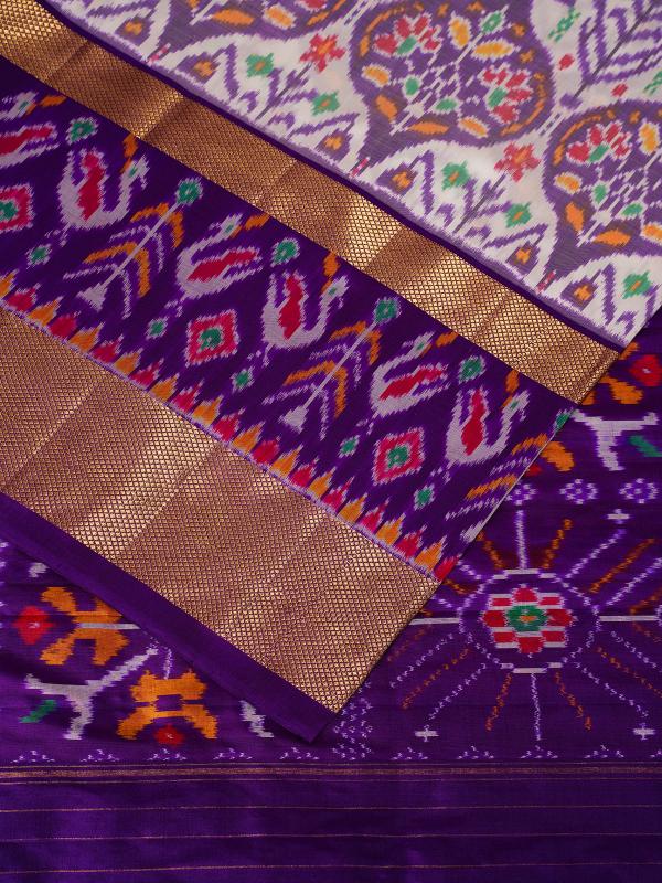 Cream Blue handloom patalo design pochampally Ikat silk saree