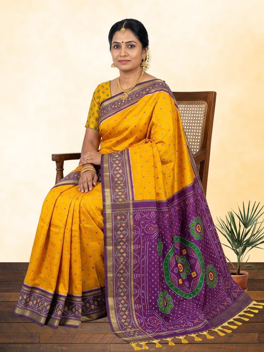 Mustard yellow purple pallu handloom pochampally ikat silk saree